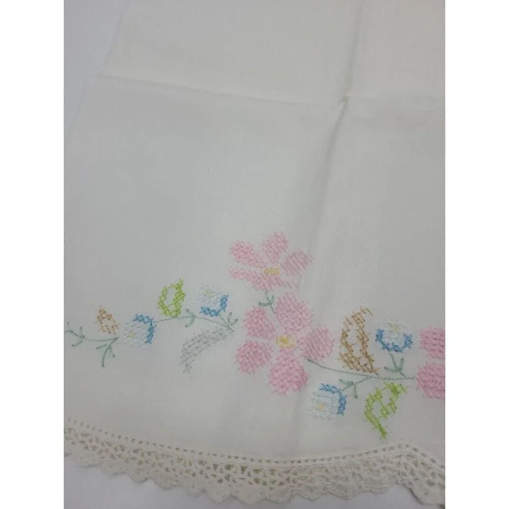 Vintage Handmade Cross Stitch Pillowcase Standard Sz Floral Scalloped Lace Edge
